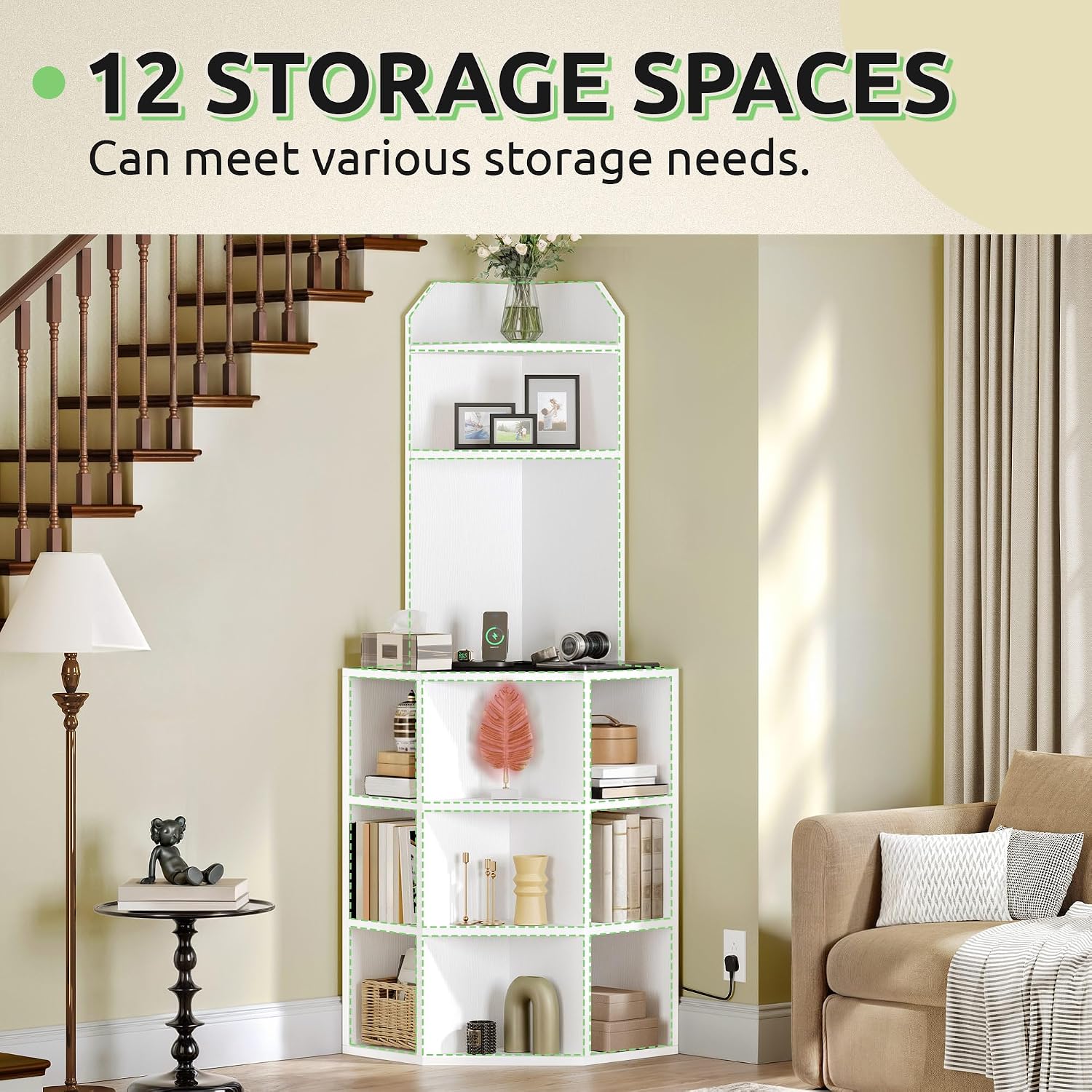 GOOBED Corner Shelf Cabinet, Modern Corner Storage Rack with Charging Station, Wooden Display Bookshelf Bookcase for Living Room, Bedroom, Dining Room, Kitchen, White