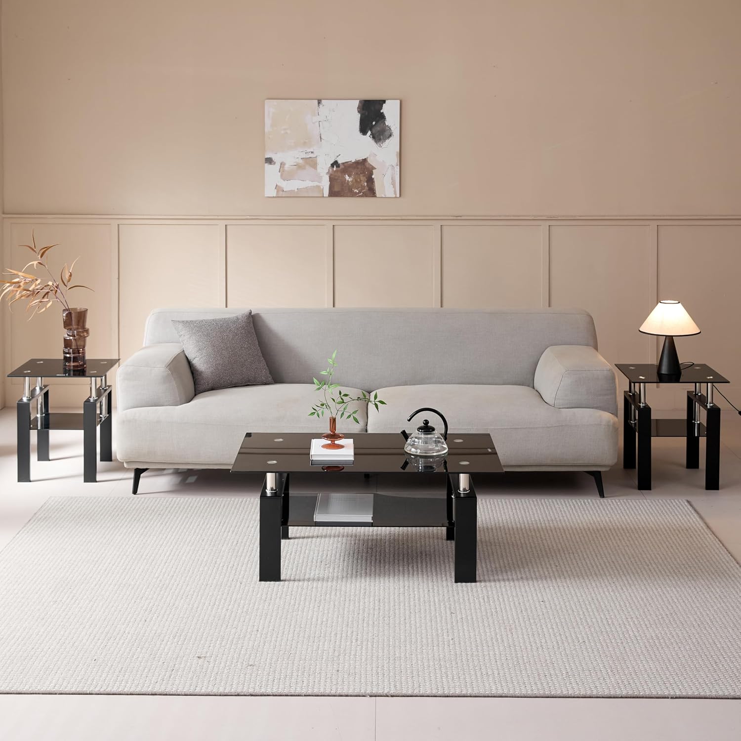 Glass Coffee Table for Living Room, Mordern Rectangle Tempered Glass Sofa Center Tables with Black Metal Leg for Home Office, Black
