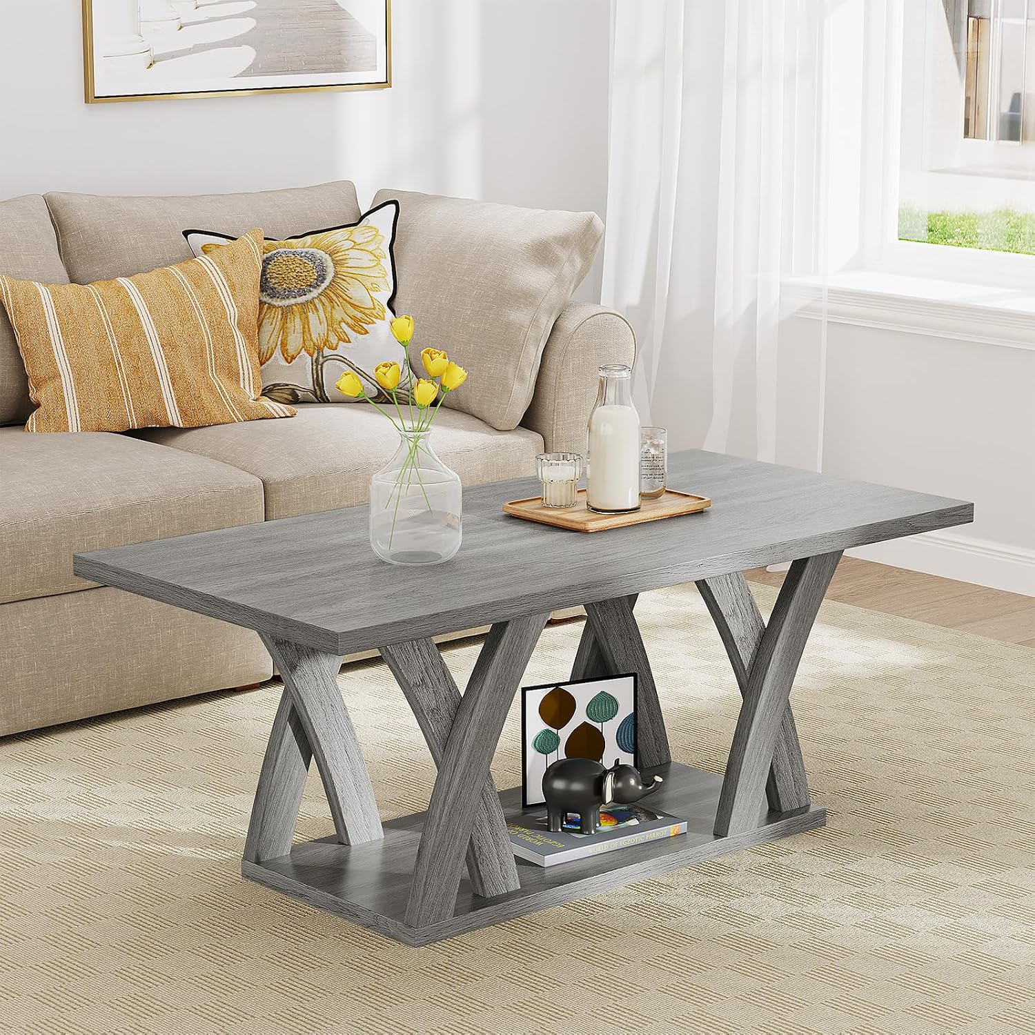 47' Farmhouse Coffee Tables for Living Room Rustic Stands with Storage Shelf Grey Coffee Tables for Living Room Farmhouse Center Stands with Shelf Wood Rectangle Center Table