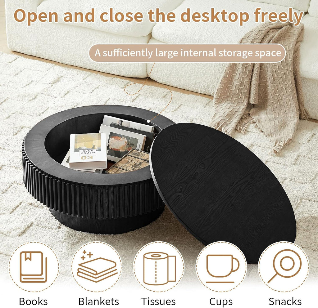 Round Coffee Table with Storage, Small Solid Wood Coffee Table for Living Room, Mid Century Modern Circle Center Tables for Small Space Apartment (31.5''D×14''H-Black)