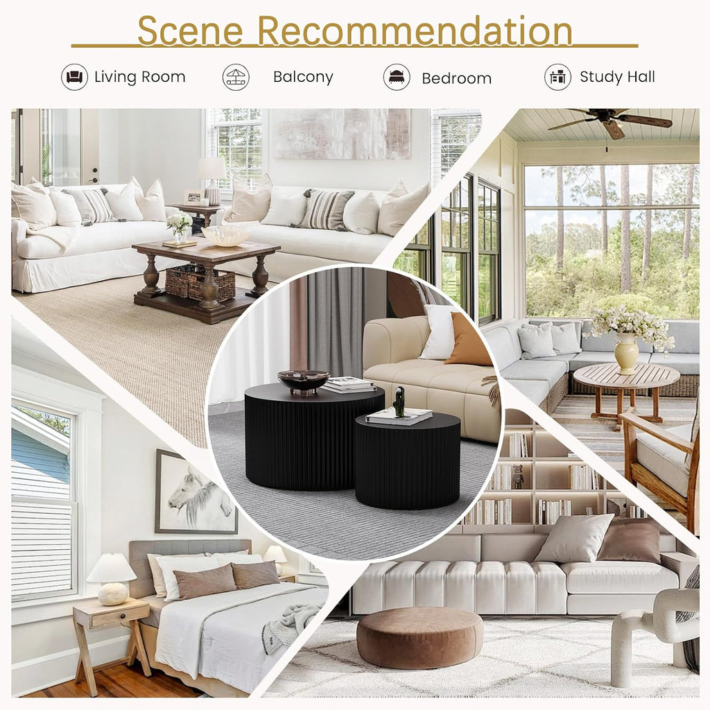 Round Coffee Table Set of 2 Modern Nesting Coffee Tables Wooden Drum Coffee Tables with Non-Slip Feet, Circle Nesting Tables End Table for Living Room Office, No Assembly (Black 27.56'+19.69')