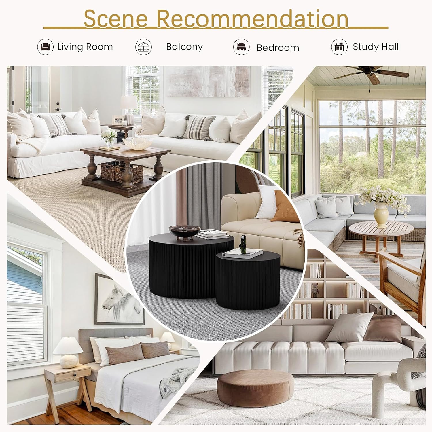 Round Coffee Table Set of 2 Modern Nesting Coffee Tables Wooden Drum Coffee Tables with Non-Slip Feet, Circle Nesting Tables End Table for Living Room Office, No Assembly (Black 27.56'+19.69')