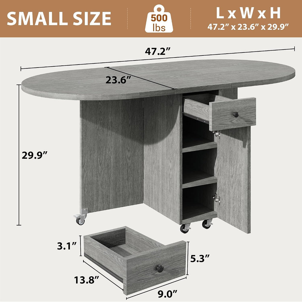 Jocoevol Round Folding Dining Table for 4, Space Saving Drop Leaf Kitchen Table with Storage Drawer, 6 Wheels Oval Gateleg Foldable Dining Table for Small Spaces (Grey, 47' x 23.6' x 30')