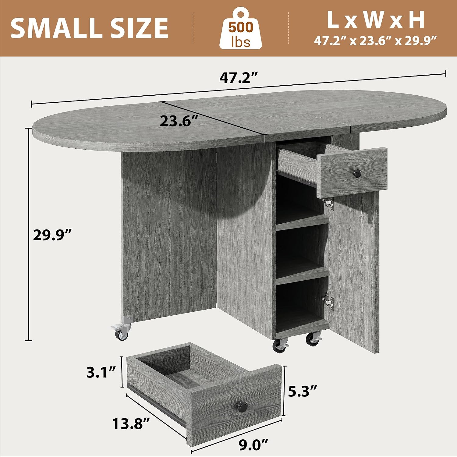 Jocoevol Round Folding Dining Table for 4, Space Saving Drop Leaf Kitchen Table with Storage Drawer, 6 Wheels Oval Gateleg Foldable Dining Table for Small Spaces (Grey, 47' x 23.6' x 30')