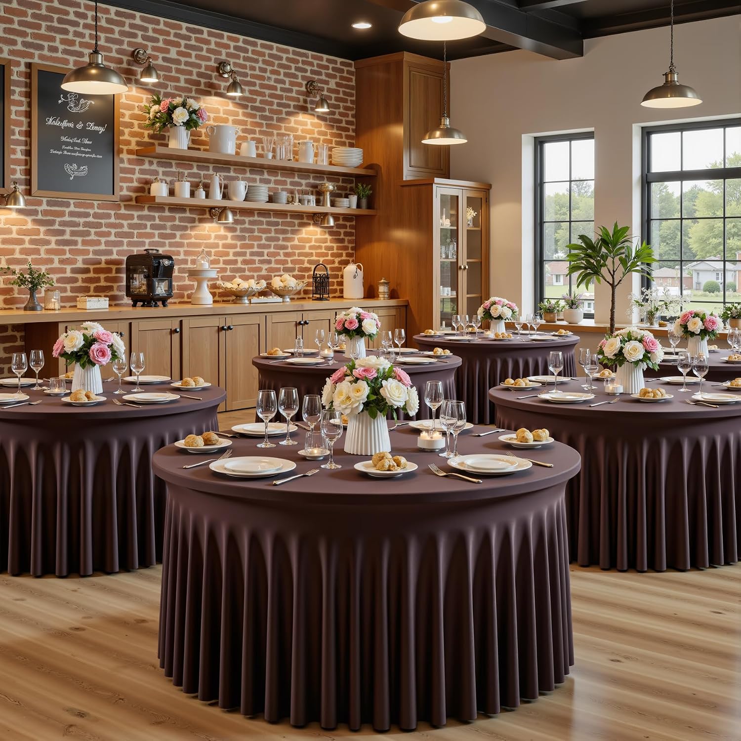 leegleri 6 Pack Spandex Brown Round Tablecloths for 60in Tables, Stretchy 120inch Fitted 5FT Round Table Cloths, Wrinkle Free Table Cover with Skirt for Wedding Birthday Party Bridal Shower Banquet