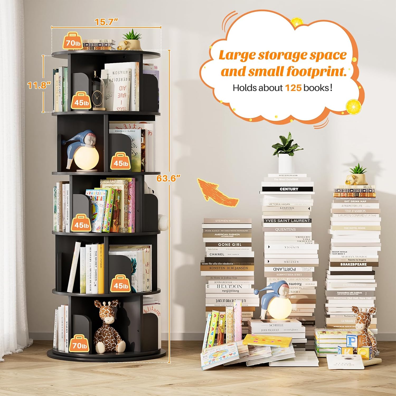 Aheaplus 5 Tier Rotating Bookshelf, Wood Spinning Bookshelf Tower, Round Revolving 360 Bookcase, Narrow Turning Book Shelf Rolling Corner Organizer for Small Space, Bedroom, Office, Black