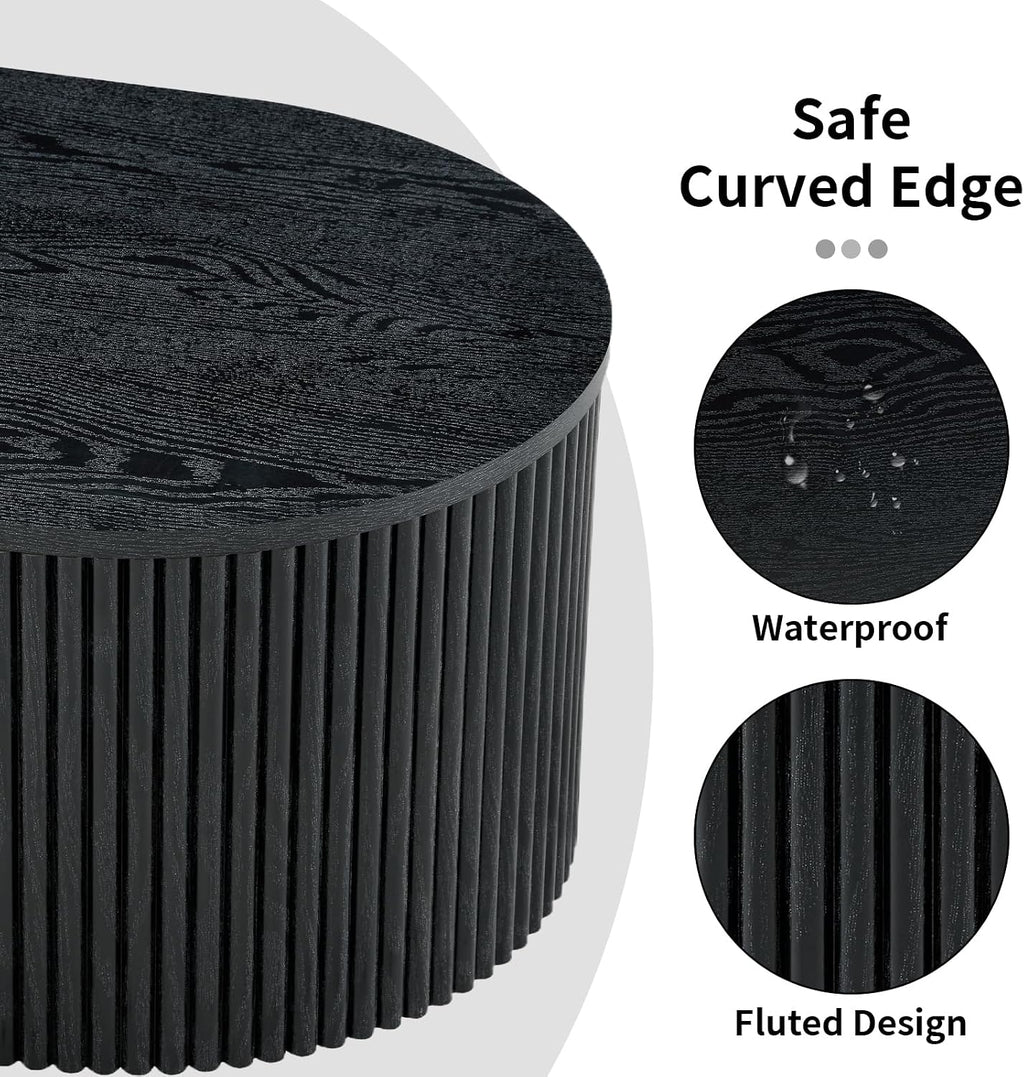 LKTART Black Coffee Table Oval, 47.5' Fluted Wood Coffee Table with Drawer, Mid Century Modern Center Tables for Living Room Bedroom Office, Black