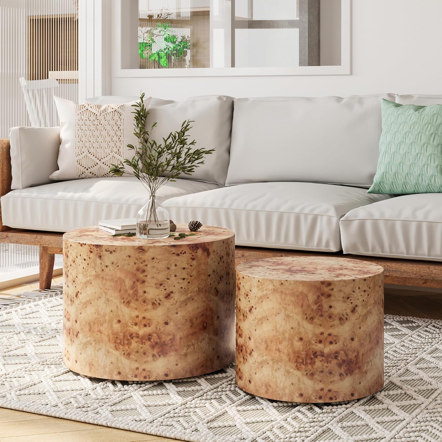 WILLIAMSPACE 18.9' Round Nesting Coffee Table Set of 2, Modern Wooden Coffee Tables Small Circle Center Table for Living Room, Accent End Table Set, No Assembling (Natural Burl)