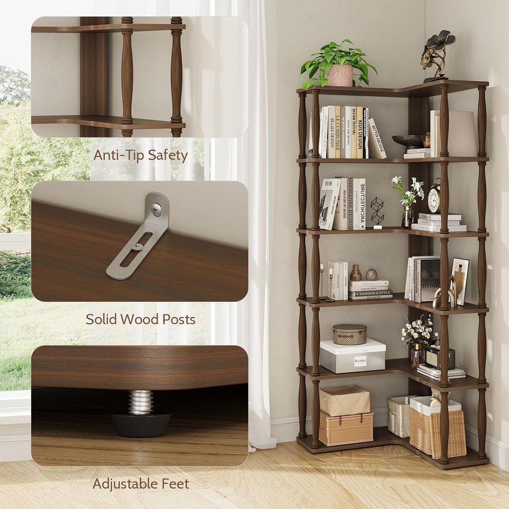 6 Tier Corner Bookshelf, L Shaped Bookcase with Solid Wood Posts,Vintage American Display Shelf for Home Office, Living Room, Bedroom, Kitchen
