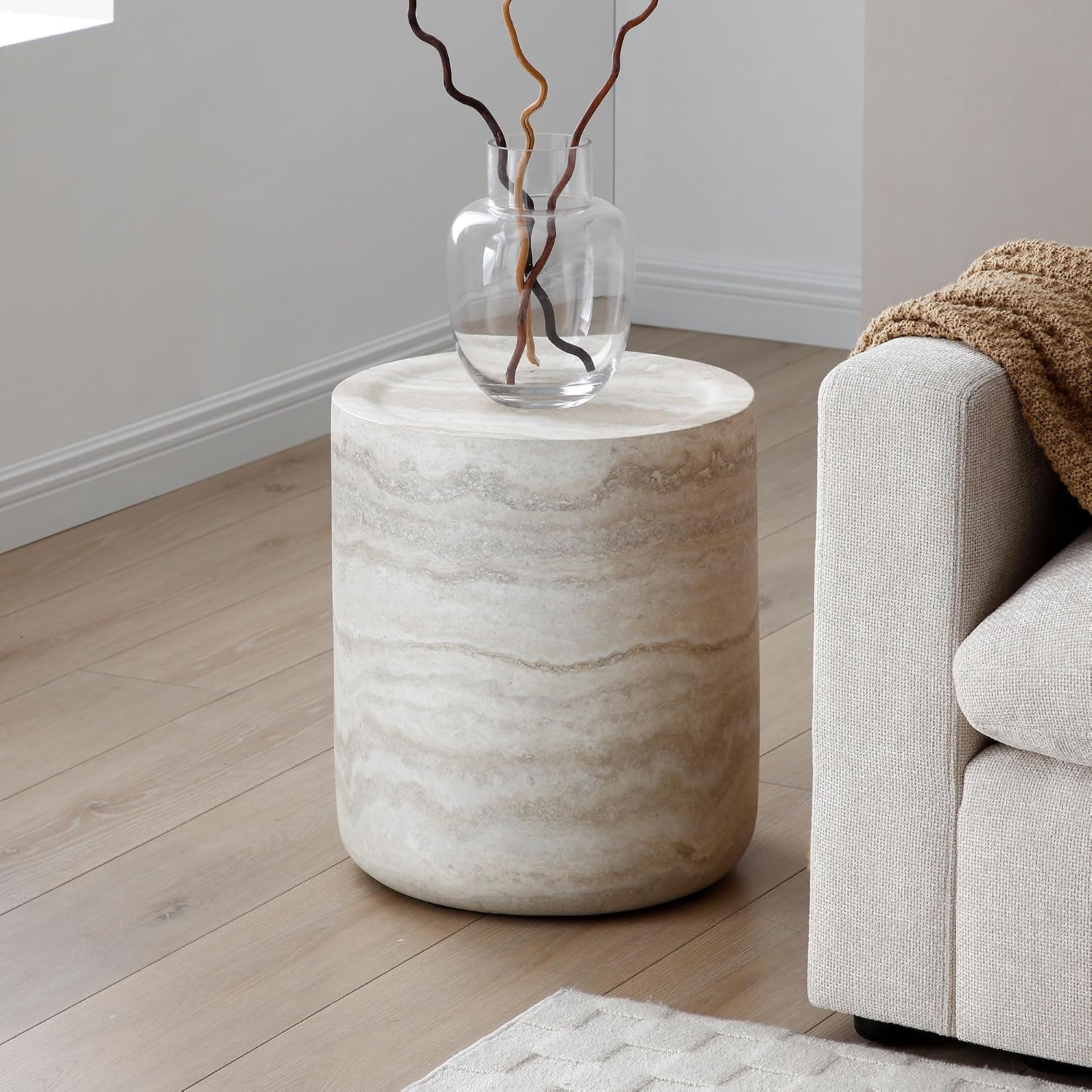 15.74' Round Coffee Table, Living Room Tables Round Coffee Tables, Small Side Table and Center Table for Bedroom Balcony Lounge Home Office, Fiberglass Material, Faux Travertine Textured Beige