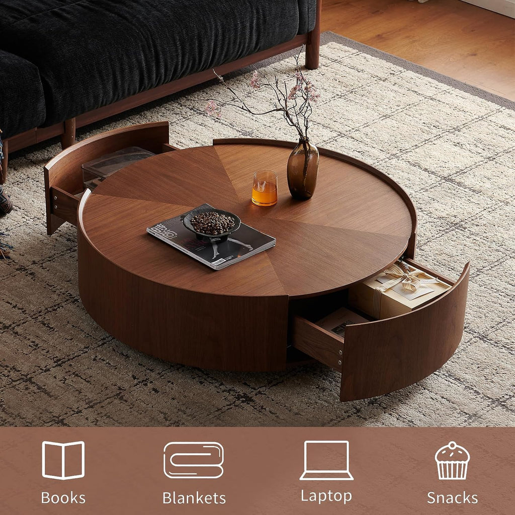 SSLine 35.4-Inch Round Coffee Table with Storage Drawers,Fully Assembled Wooden Coffee Table with Solid Wood Veneered Mid-Century Modern Cocktail Center Tables for Living Room Office Apartment,Walnut