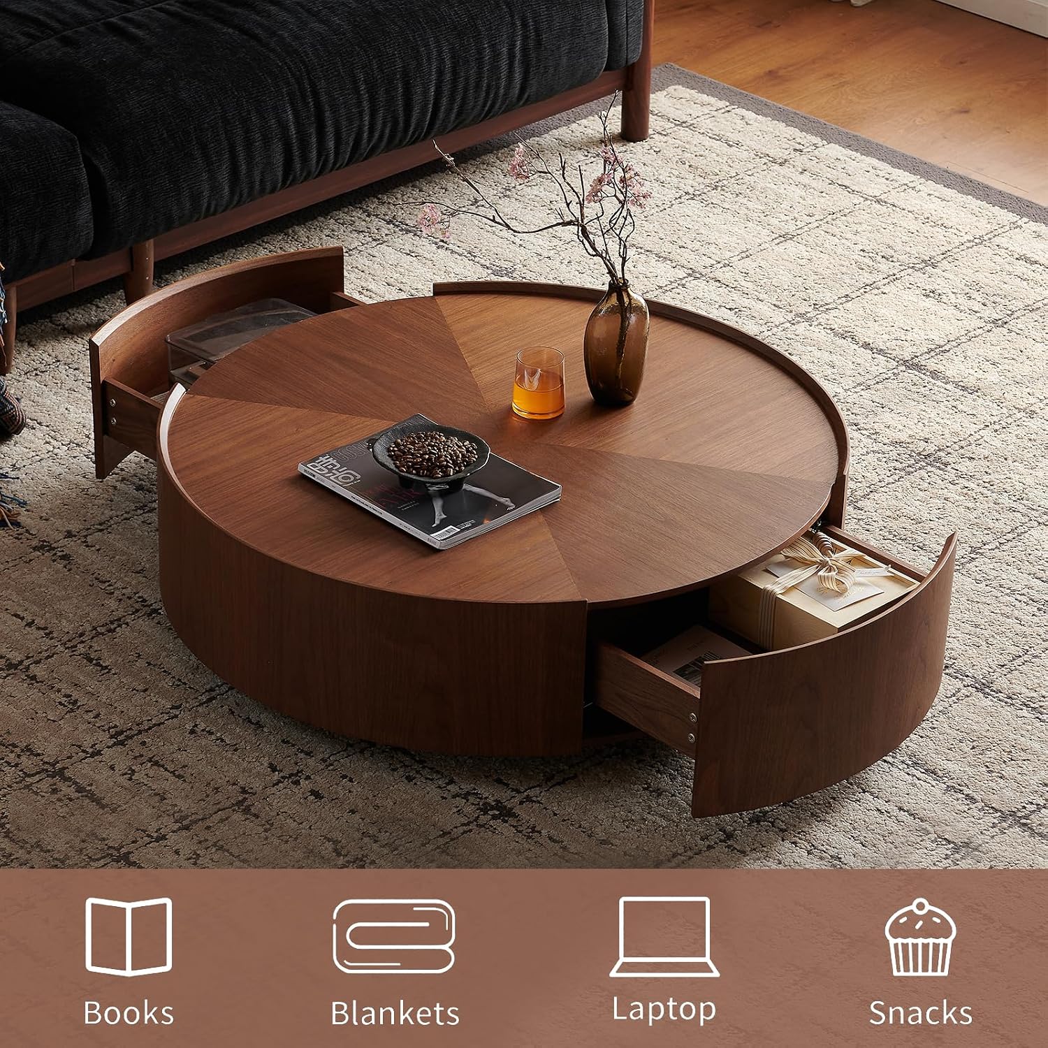 SSLine 35.4-Inch Round Coffee Table with Storage Drawers,Fully Assembled Wooden Coffee Table with Solid Wood Veneered Mid-Century Modern Cocktail Center Tables for Living Room Office Apartment,Walnut