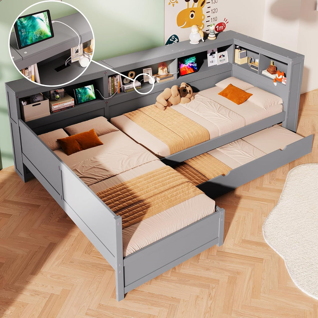 Merax Twin Size L-Shaped Platform Bed with Trundle, Corner Bed Frame with Charging Station, Storage Shelves, and Drawers, Wood Daybed for Bedroom, Guest Room,Grey