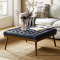 HULALA HOME Genuine Leather Square Coffee Table, Button Tufted Upholstered Ottoman Coffee Table with Solid Wooden Flared Legs, Mid-Century Modern Extra Seating for Living Room, Navy