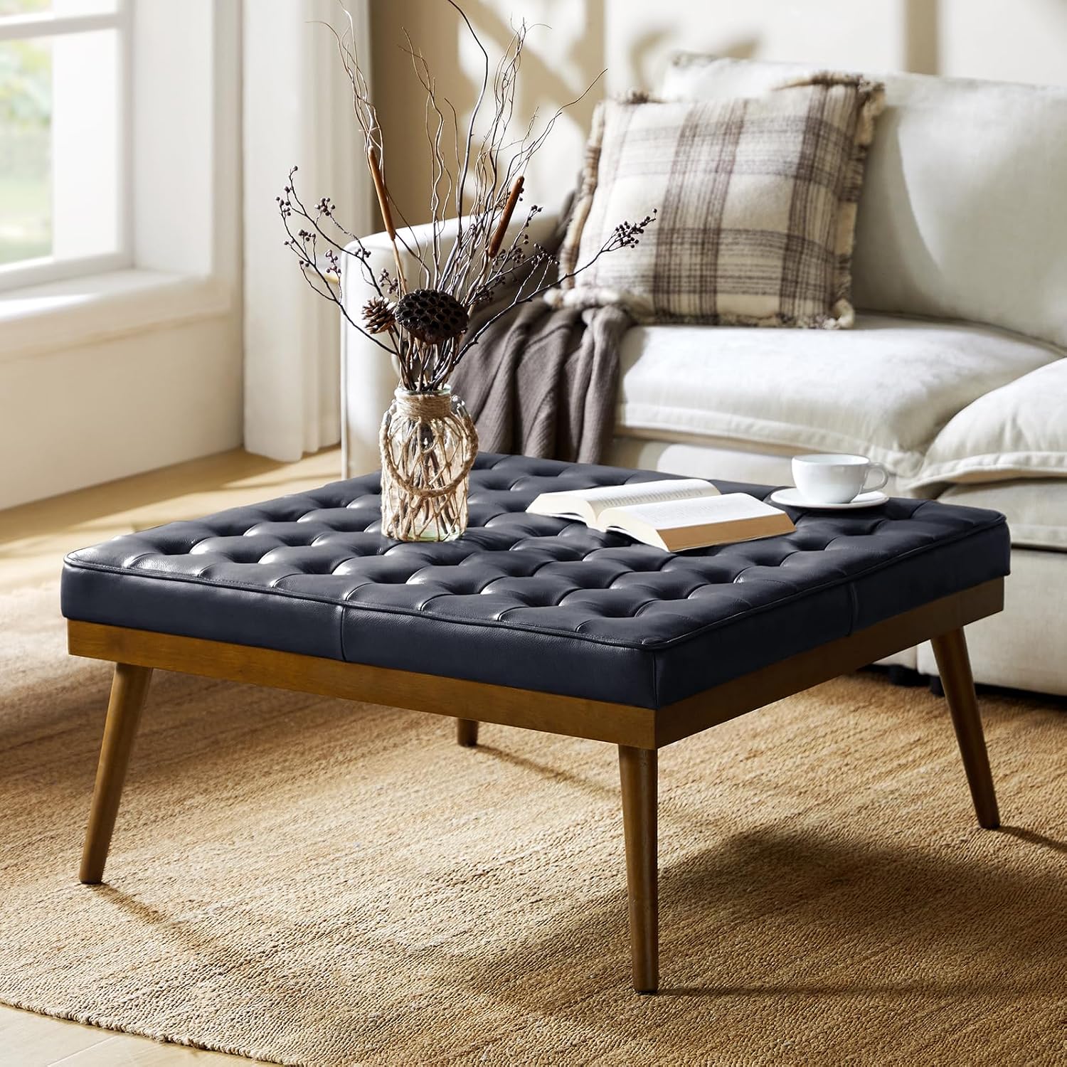 HULALA HOME Genuine Leather Square Coffee Table, Button Tufted Upholstered Ottoman Coffee Table with Solid Wooden Flared Legs, Mid-Century Modern Extra Seating for Living Room, Navy