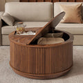 LYNCOHOME 31.5'' Fluted Flip Top Round Coffee Table with Storage, Drum Coffee Table, Modern Coffee Table for Living Room, Center Table for Living Room, Home Office, Dark Brown, Walnut