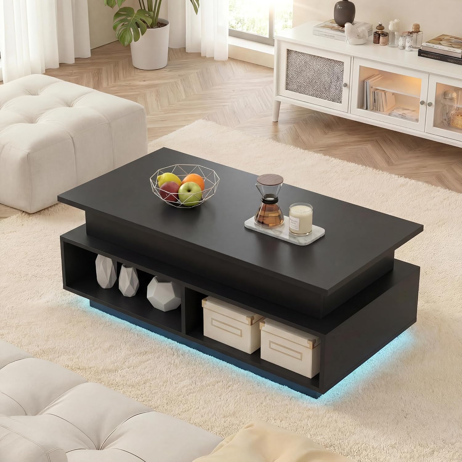 YESHOMY 40' Lift Top Coffee Table with Hidden Storage & Multi-Color LED Lights, Modern Square Wood Table with 4 Open Shelves for Living Room and Small Space, Black