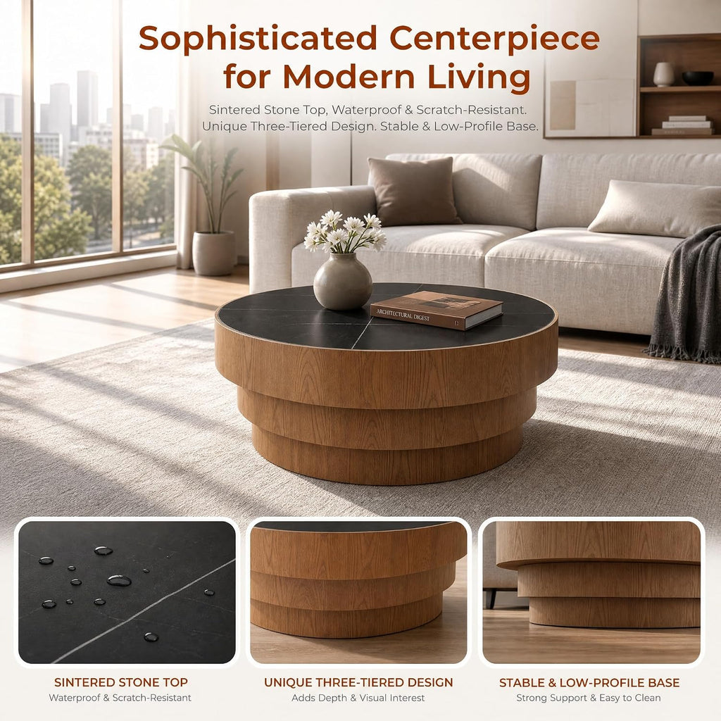 31.5' Round Marble Coffee Table for Living Room, Mid-Century Modern Coffee Table with Black Sintered Stone Top and Stable Wood Pedestal Base, Drum Cocktail Center Tea Tables for Bedroom Apartment