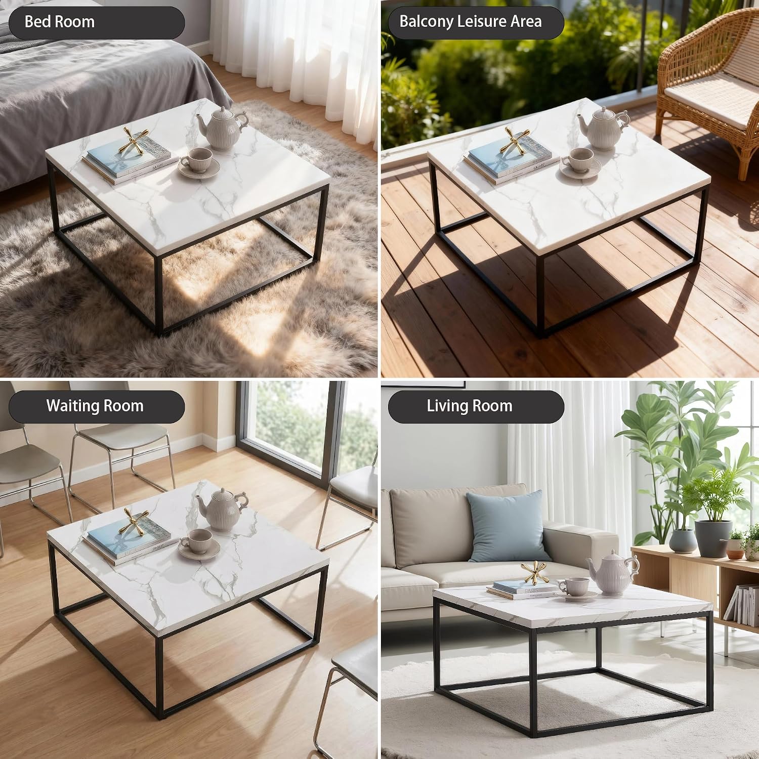 CENSI 30' Square Coffee Table, White Faux Marble Center Table for Living Room, Modern Minimalist Cocktail Table with Black Metal Frame, Extra Thick 1.2' Wood Top, Sturdy & Easy Assembly