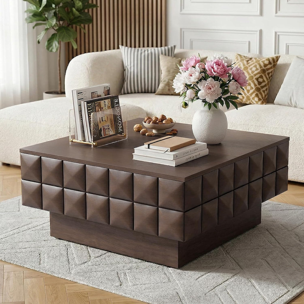 LKTART 31.89' Square Coffee Table with Hidden Storage, Mid-Century Modern Center Table with 3D Sculpted Texture, Lift-Off Flip Top Coffee Tables for Living Room Blankets & Pillows, Real Wood Veneer