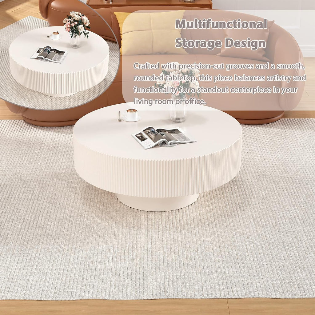 Round Drum Coffee Table Modern Unique Round Fluted Coffee Tables Farmhouse Fluted Circle Center Table Accent Tea Table with Sturdy Pedestal for Living Room Reception Room (White 31 inch)