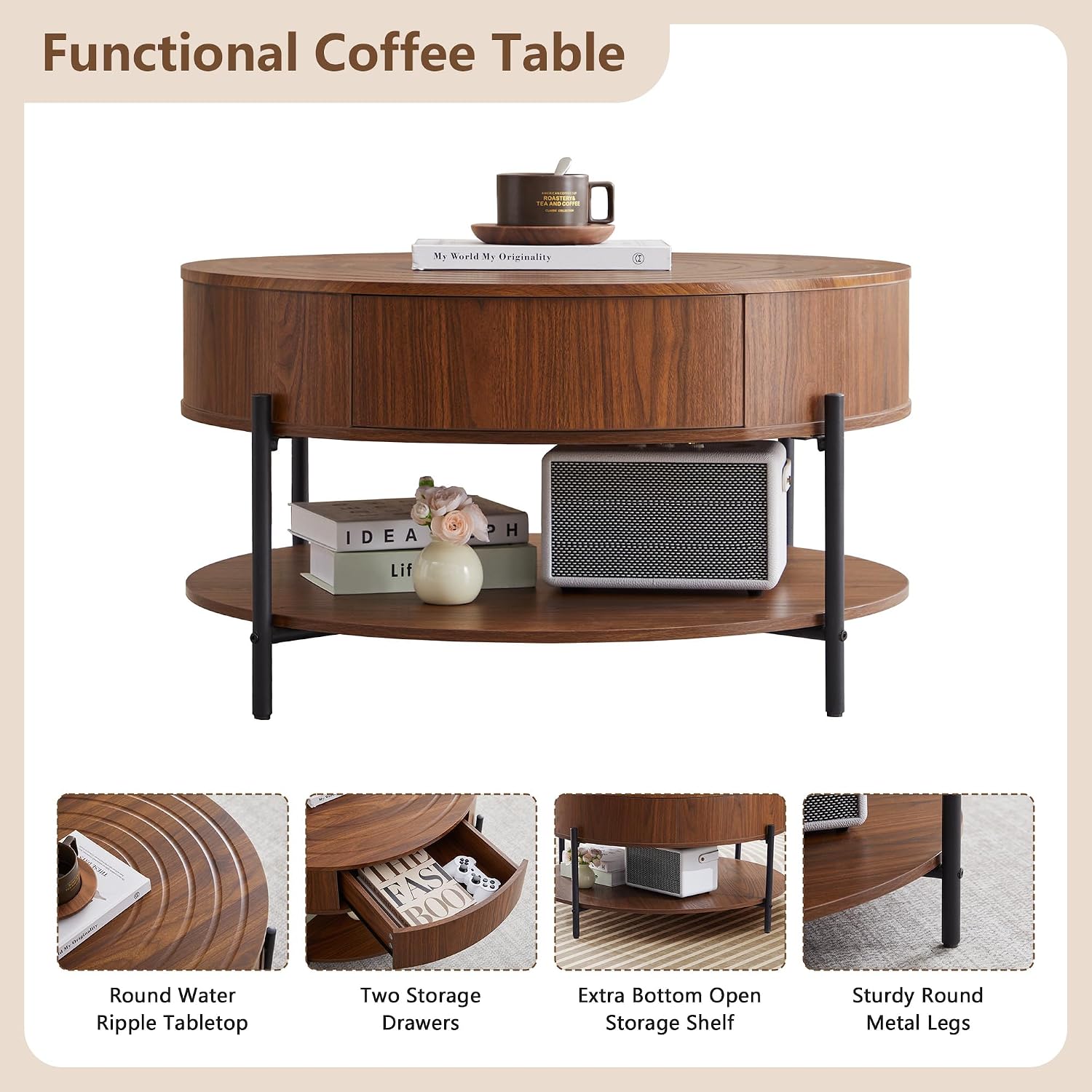 RARZOE 30.5' Round Coffee Table with Storage, Wooden Circle Coffee Table with Drawer, Storage Shelf, Metal Legs，Small Dining Table Accent Center Table for Living Room Home Office Apartment,Walnut