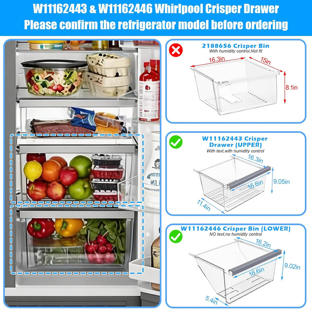 UPGRADED W11162443 Refrigerator Drawer & W11162446 Whirlpool Crisper Drawer Compatible with Whirlpool Fridge Drawer Replacement Parts WRS325SDHZ05 WRS315SDHM01 WRS555SIHZ03 Crisper Bins Drawer,2 Pack