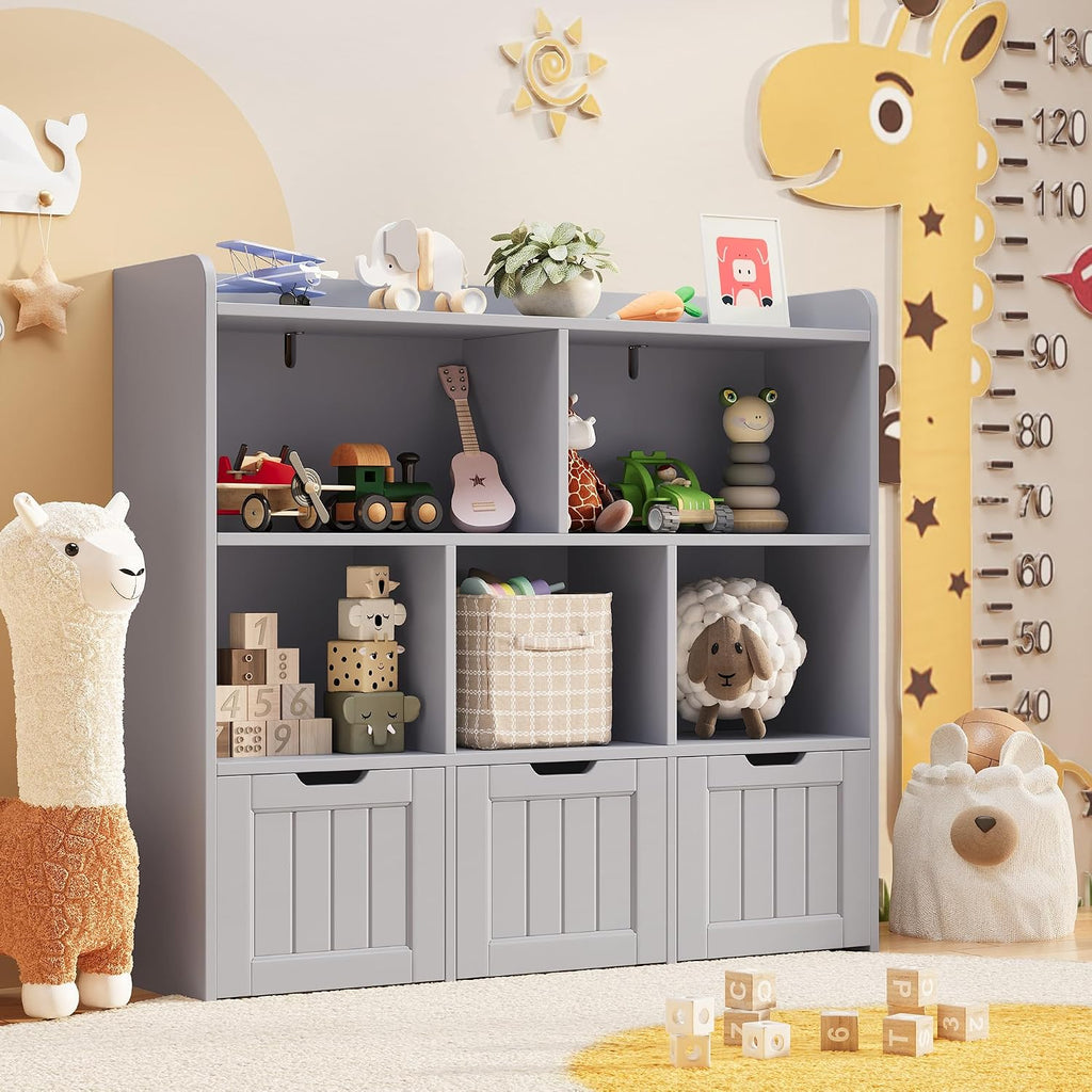 Gizoon Toy Storage Organizer with 3 Movable Drawers and 6 Open Shelves Kids Bookshelf Featuring Fall Prevention Barrier for Playroom Nursery Kids Room Organization, Gray, Painted