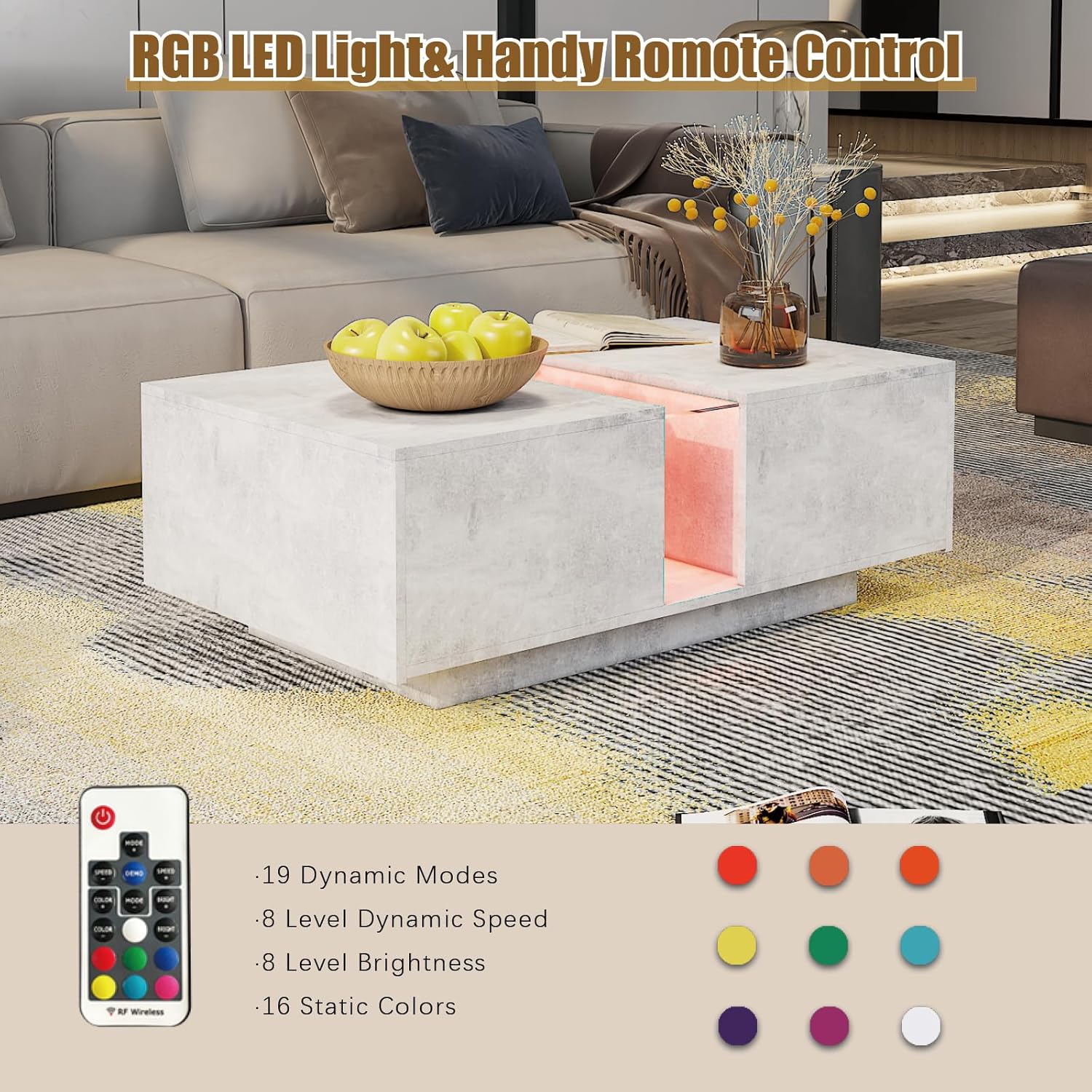 HedoAjim Grey Led Coffee Table for Living Room, Rectangular Living Room Table with Storage, Acrylic Coffee Tables with 2 Sliding Drawers, Wood Center Table for Reception Dinning Room