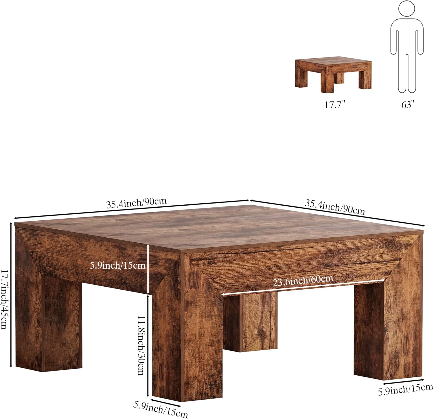 LUMTOK Wooden Square Coffee Table,35.5 inch Farmhouse Low Cocktail with Thick Base for Living Room (Rustic Brown)