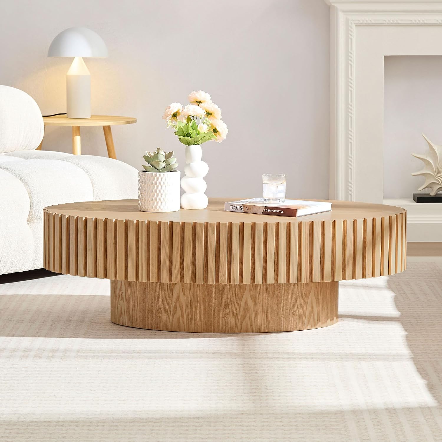 Wood Oval Coffee Table for Living Room Fluted Coffee Table with Pedestal 43.7' Modern Olive-Shaped Center Table for Apartment Easy Assembly Natural Wood