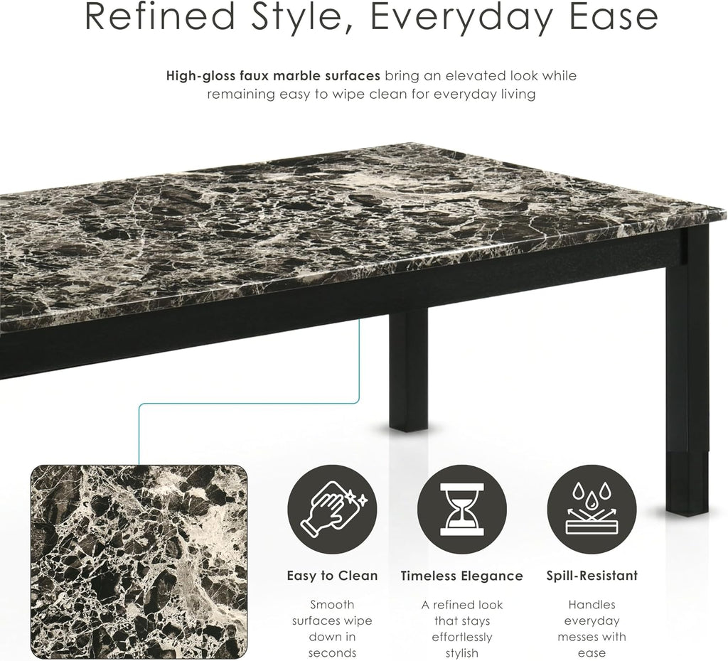 Furniture of America Isime Modern Contemporary Solid Wood 47.5-inch 3-Piece Coffee Table Set with Faux Marble Top for Living Room, Office, Black and White