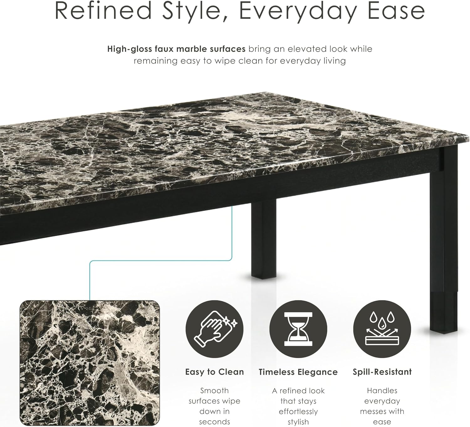 Furniture of America Isime Modern Contemporary Solid Wood 47.5-inch 3-Piece Coffee Table Set with Faux Marble Top for Living Room, Office, Black and White