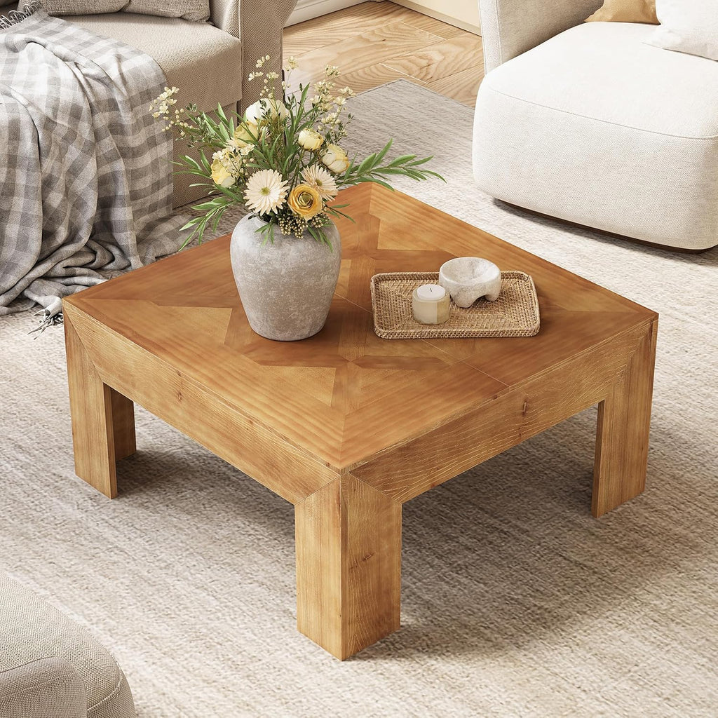 LITTLE TREE 39.4' Solid Wood Coffee Table, Square Coffee Table with Intricate Inlaid Top & Sturdy Legs, Rustic Center Tables for Living Room, Easy Assembly, Brown, 39.4' L x 39.4' W x 19.7' H