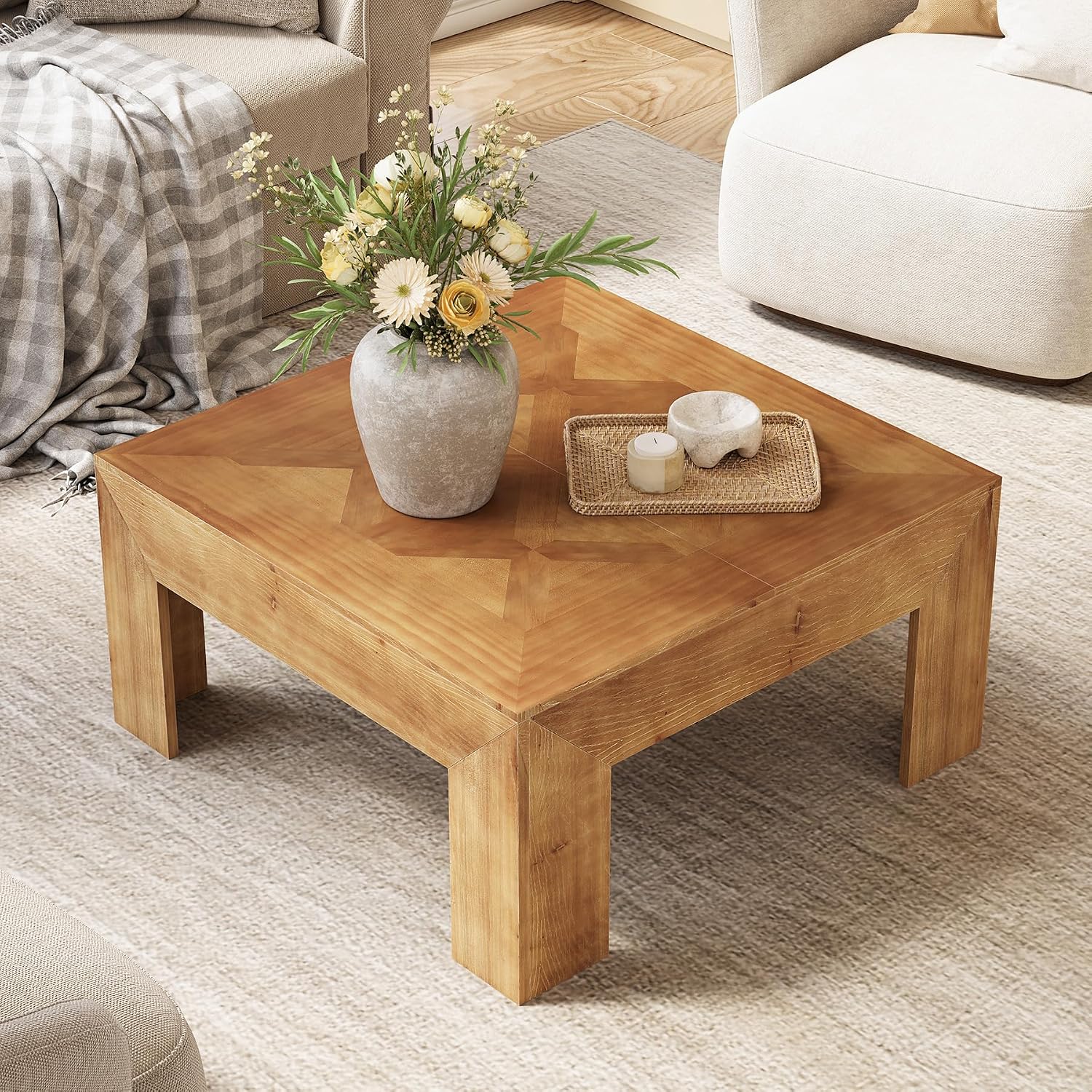 LITTLE TREE 39.4' Solid Wood Coffee Table, Square Coffee Table with Intricate Inlaid Top & Sturdy Legs, Rustic Center Tables for Living Room, Easy Assembly, Brown, 39.4' L x 39.4' W x 19.7' H
