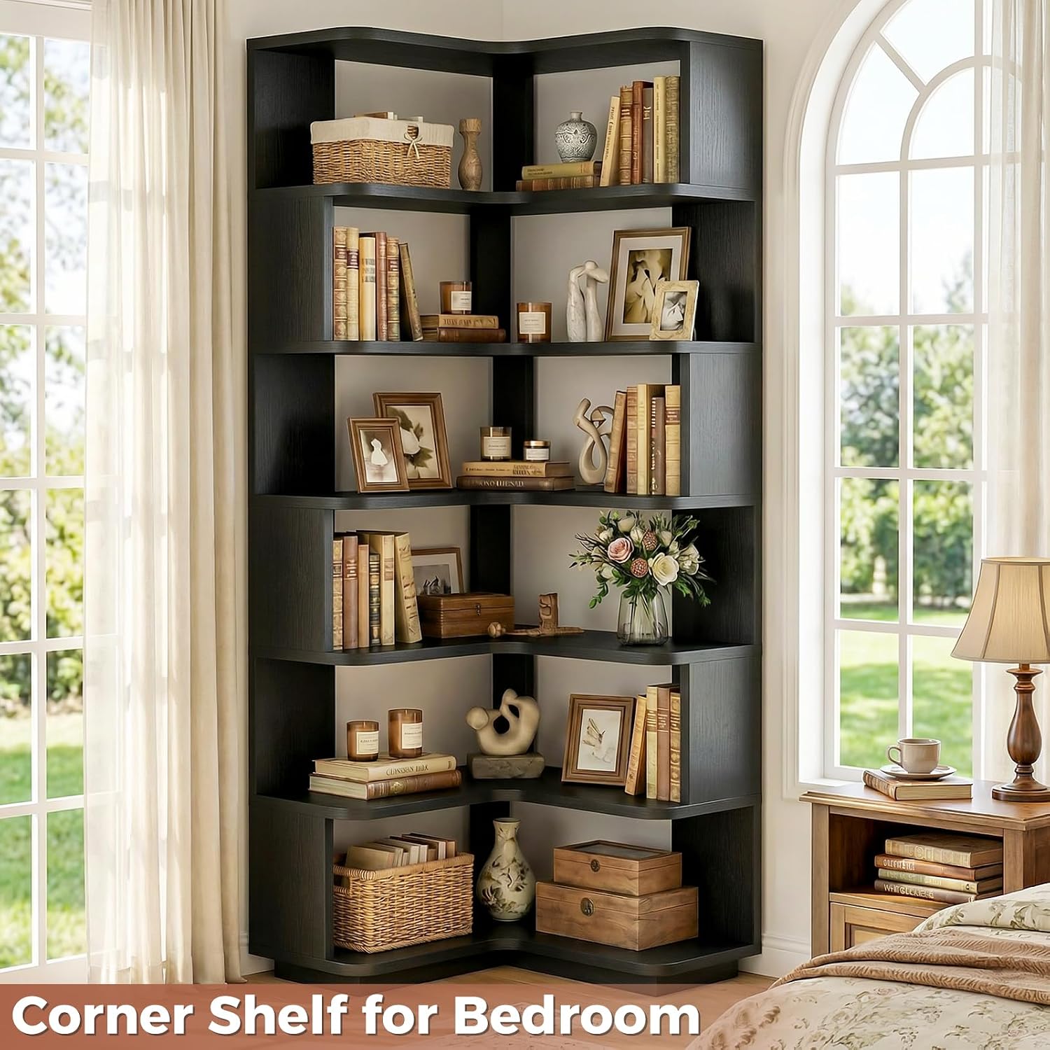 Besiost Corner Book Shelf, 7-Shelf Corner Bookshelf for Small Corner Spaces, L-Shape Bookcase Corner Display Shelf for Home Office, Living Room, Bedroom, Kitchen Pantry, Black