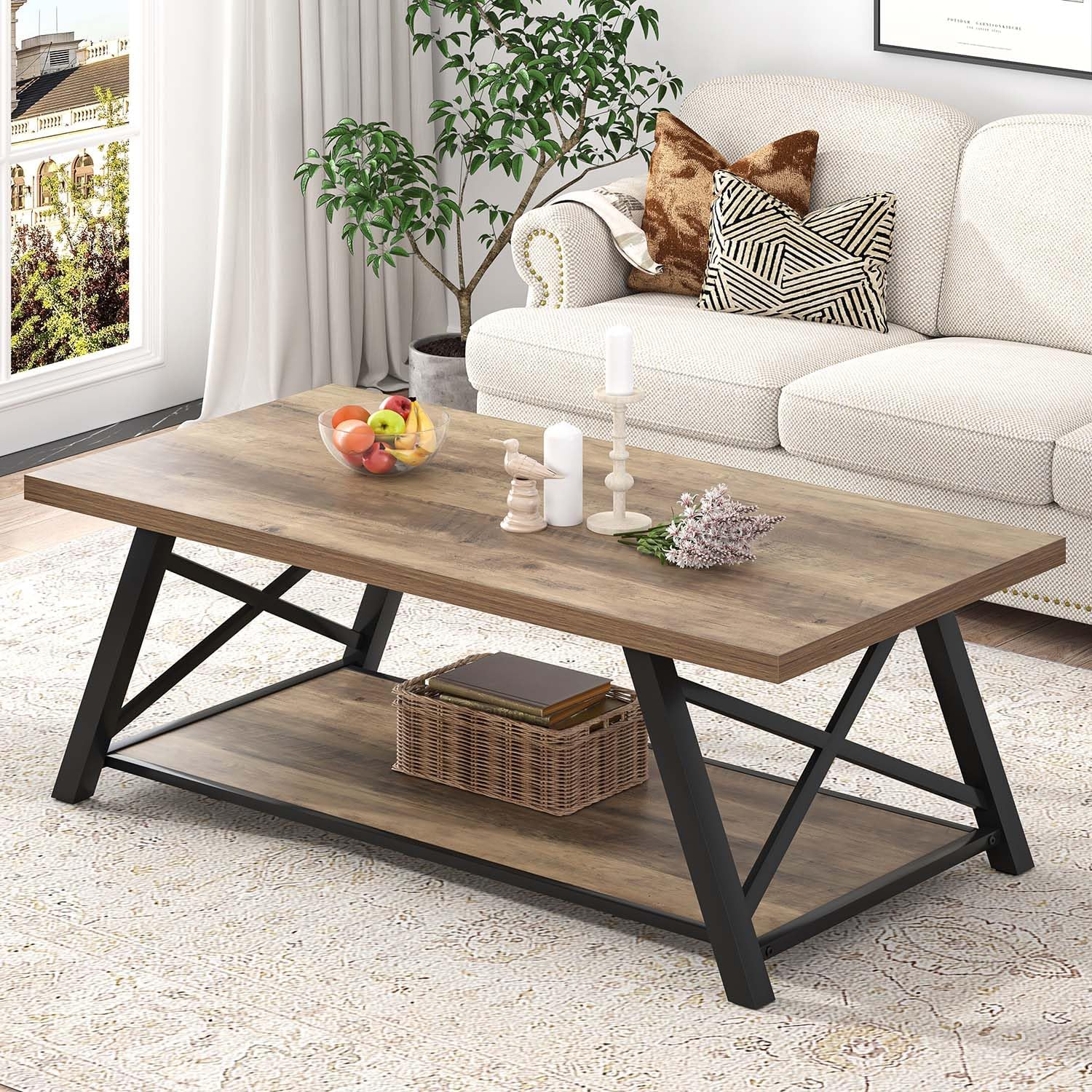 EXCEFUR Modern Coffee Table, Rectangle Center Table for Living Room with Storage Shelf, Industrial Wood and Metal Cocktail Tea Table, Rustic Oak, 47 Inch