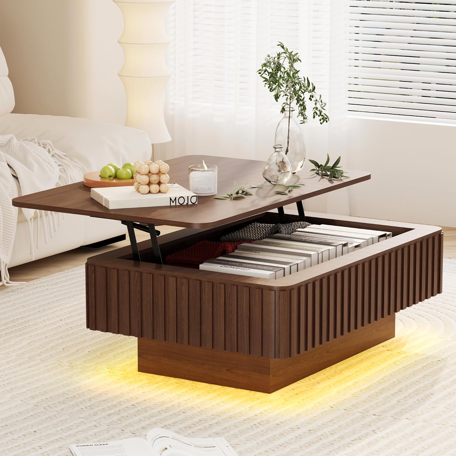 MAGIC UNION 38.6' Fluted Lift Top Coffee Table with Storage, Large Mid Century Modern Coffee Table with LED Lights & Charging Station, Center Table for Living Room, Home Office, Walnut