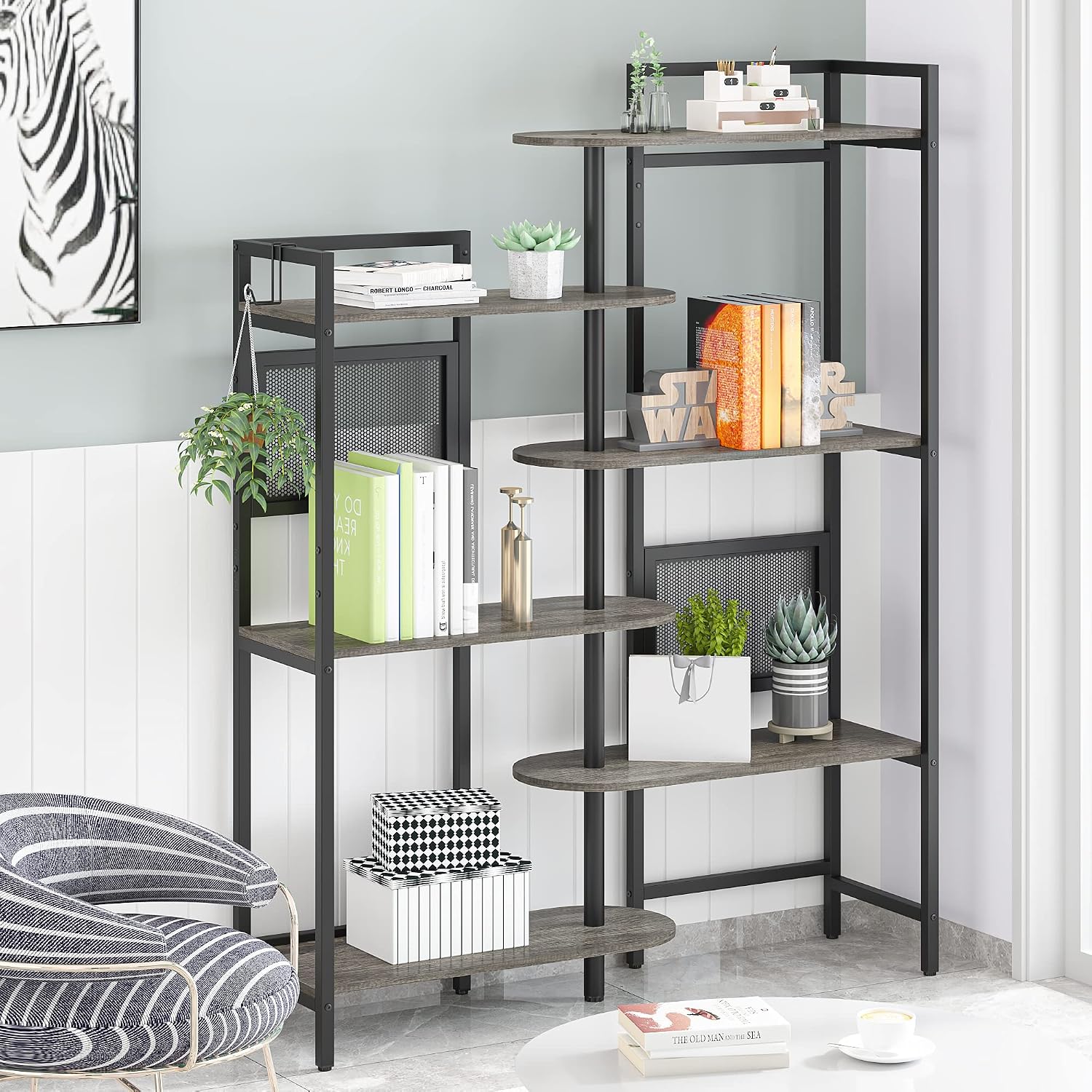 Gezen 6-Tier Industrial Bookshelf Wood Bookcase with Metal Frame, Tall Office Book Shelves Wooden Etagere Book Shelf, Open Storage Shelving Unit for Living Room/Study Room/Bedroom(Black Oak)
