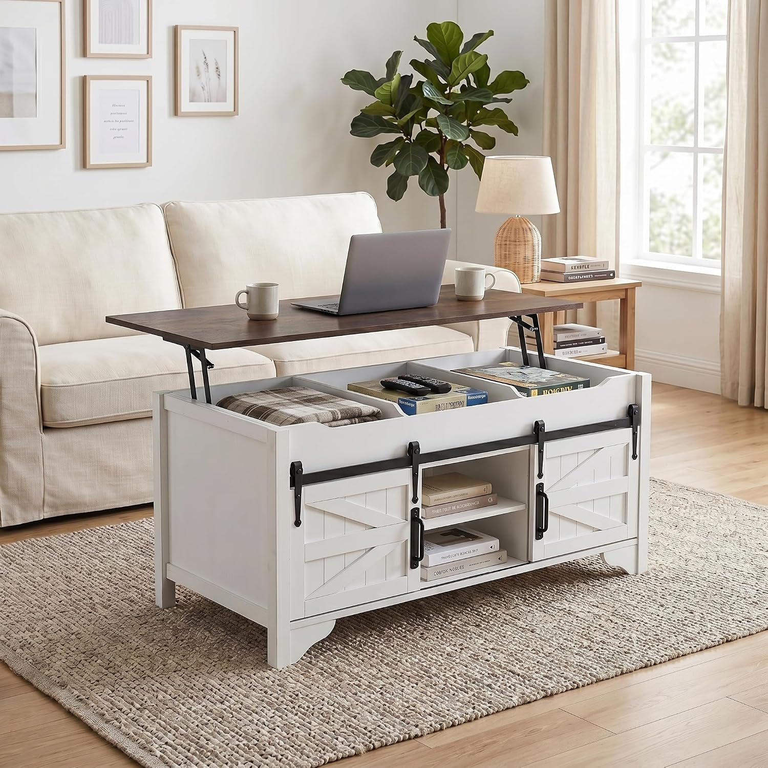 48' W Lift Top Coffee Table with Sliding Barn Door Rustic Rectangle Storage Coffee Tables, Wood Center Table with Hidden Storage Compartment for Home, Office, White and Brown