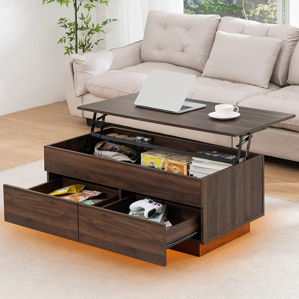 HOMMPA 40'' Lift Top Coffee Table for Living Room, Walnut Coffee Tables with Storage, LED Modern Coffee Table Rectangular Wooden Gloss, Flip Top Center Table with 2 Drawers and Hidden Compartment