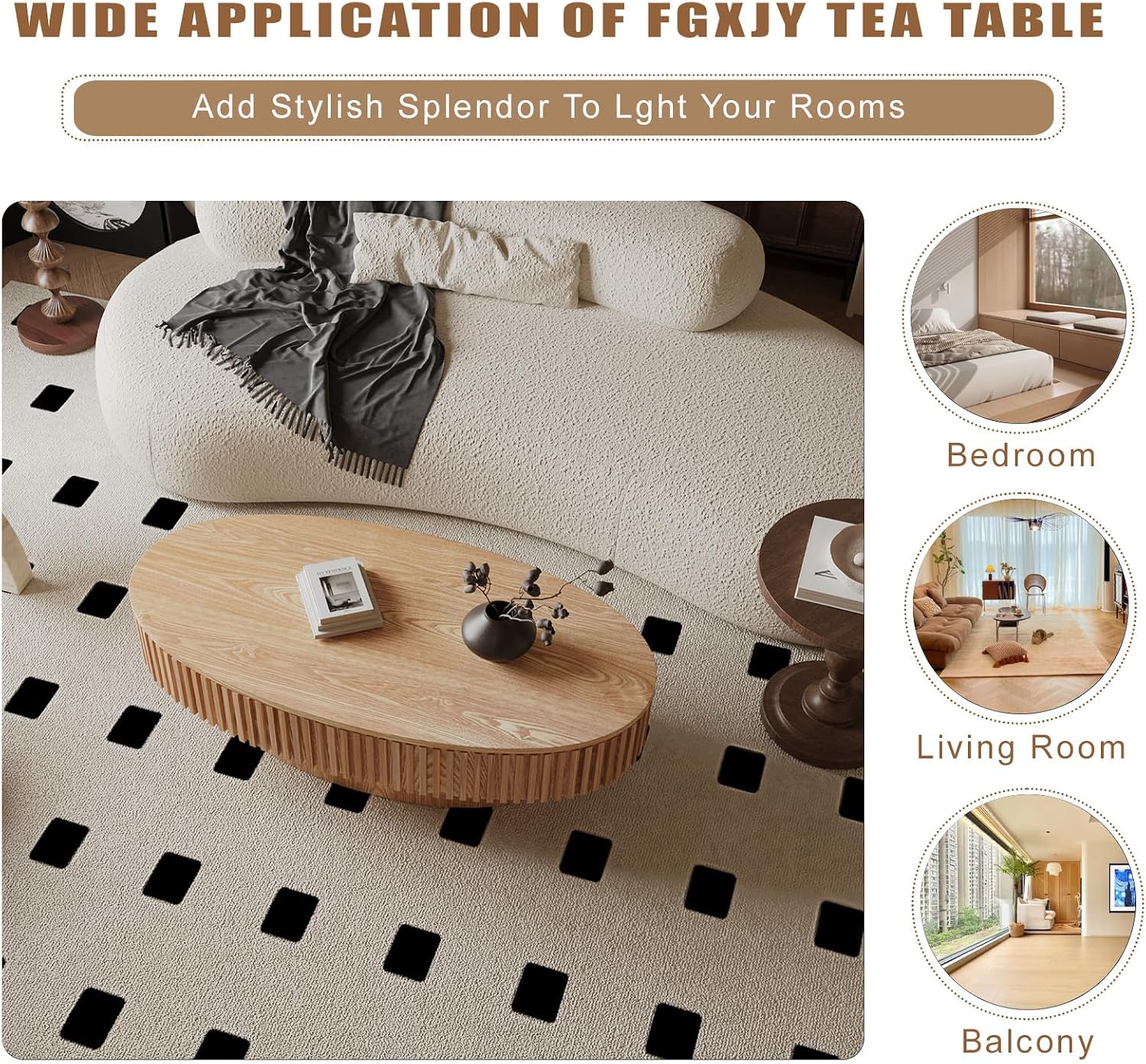 Oval Coffee Table with Storage, Modern Wooden Coffee Table with Solid Wood Veneered, Fluted Center Table Drum Tea Table for Living Room Apartment, 47.2''L×23.6''W×14.2''H
