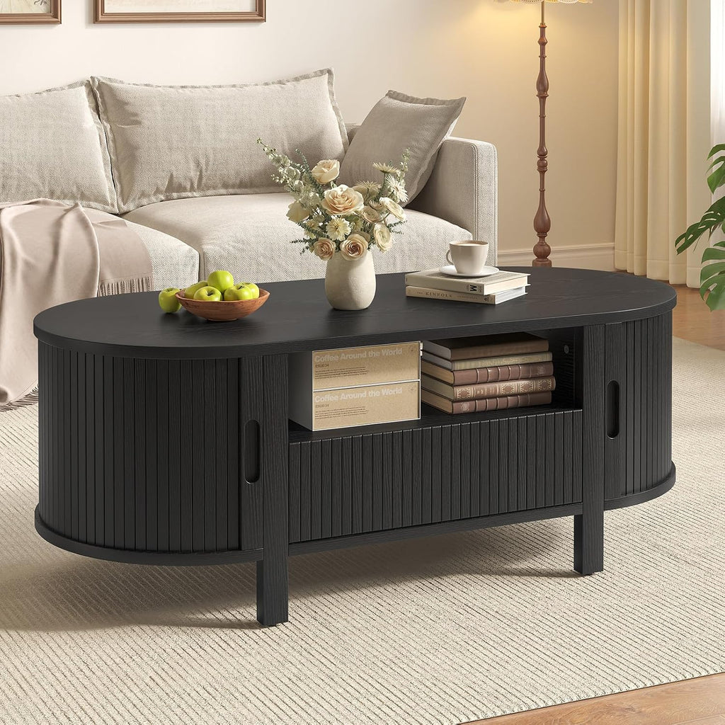 47.2' Fluted Coffee Table, Oval Coffee Table with 1 Drawer and 1 Open Shelf, Mid-Century Modern Center Tables with Storage and Sliding Doors, Coffee Tables for Living Room, Black