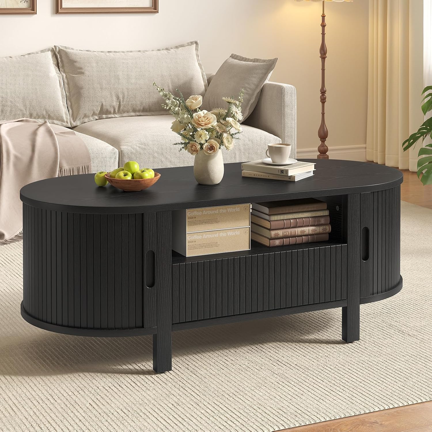 47.2' Fluted Coffee Table, Oval Coffee Table with 1 Drawer and 1 Open Shelf, Mid-Century Modern Center Tables with Storage and Sliding Doors, Coffee Tables for Living Room, Black