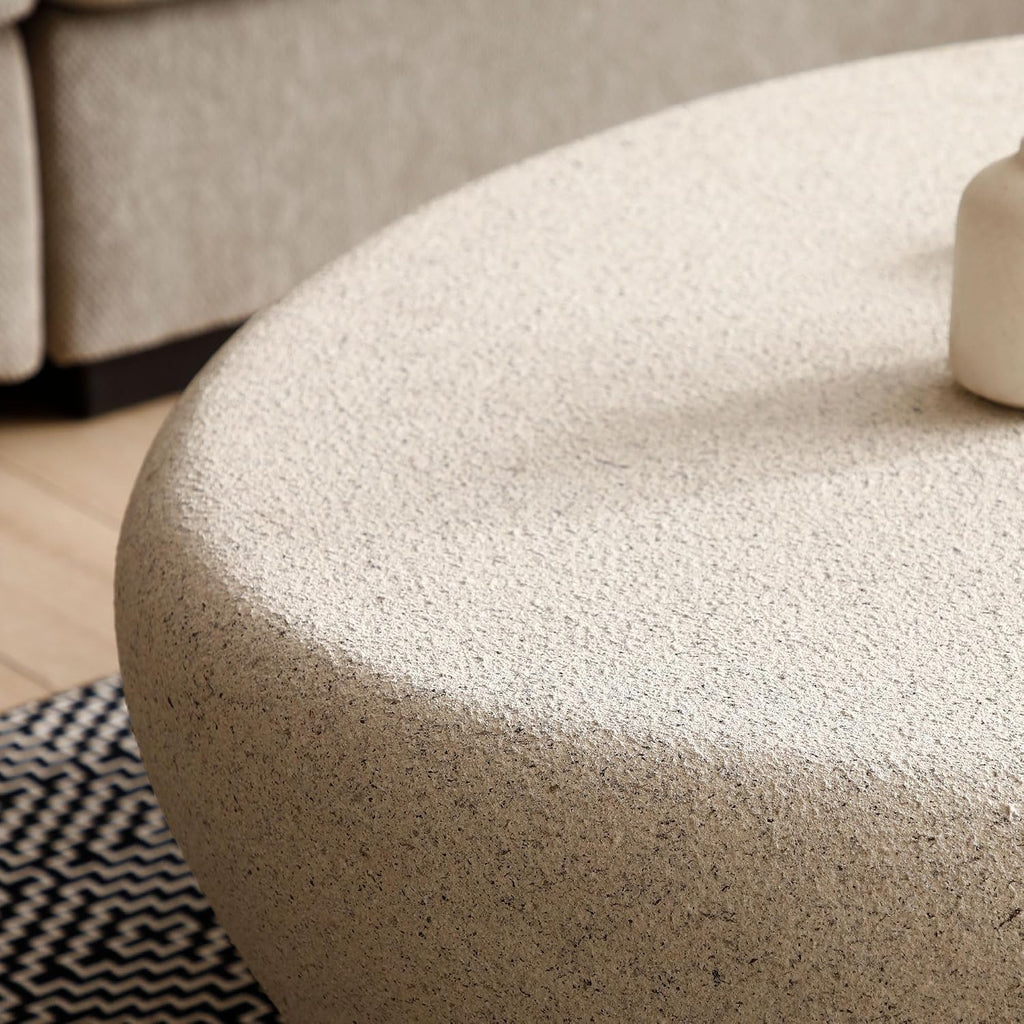 43.3' Fiberglass Elliptical Oval Vintage Coffee Table for Living Room,Irregular Center Matte Rocks Table Front of The Sofa,No Need Assembly,Cream White