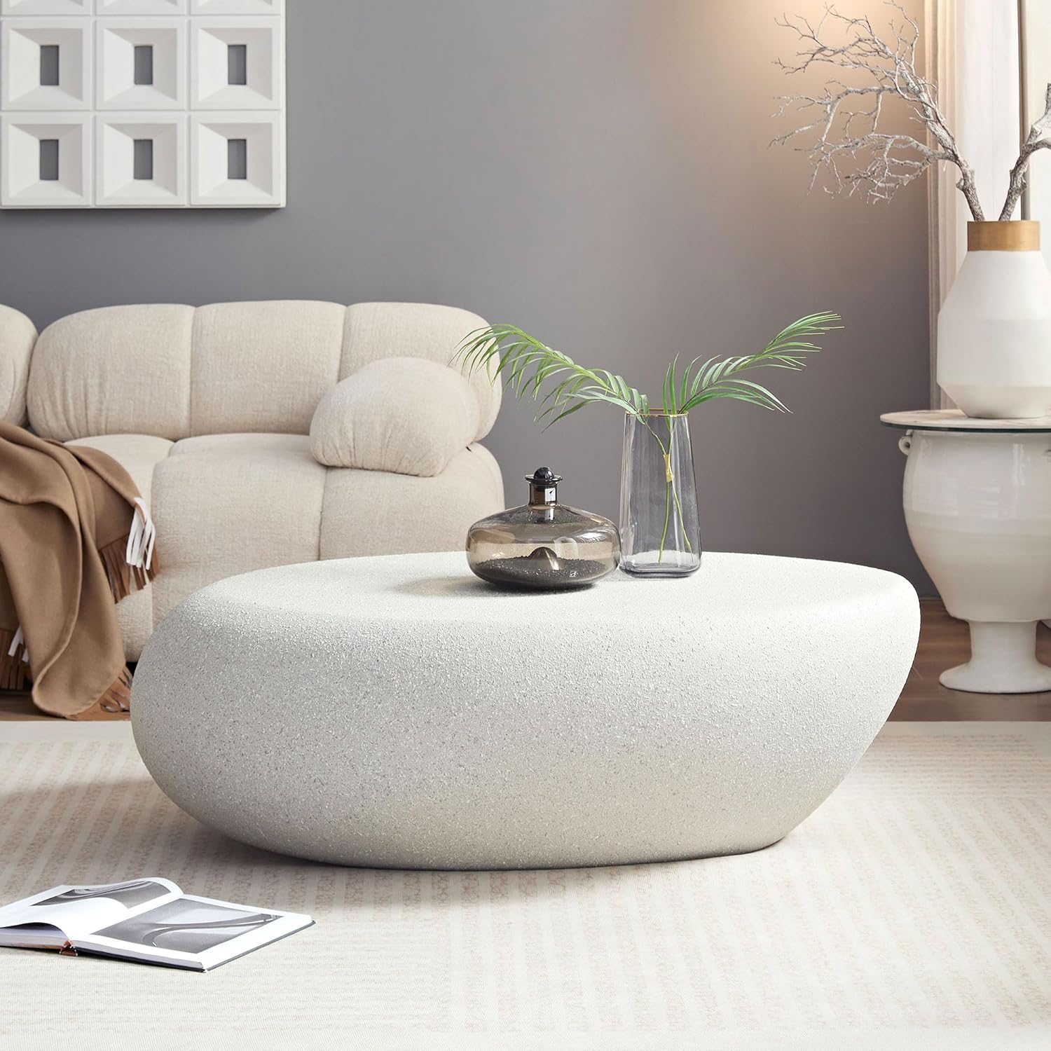 JUSTONE 43.31 Modern Oval Coffee Table for Living Room, Contemporary Rustic Style Curved Accent Table,Farmhouse Coffee Table for Apartment Bedroom Office Balcony- Beige