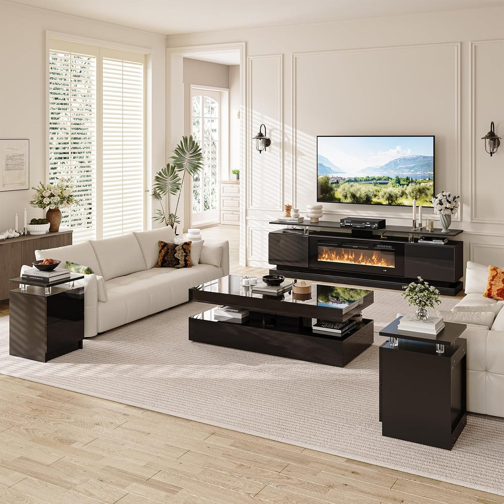 4-Piece Modern Living Room Table Set, Includes High Gloss 70' Fireplace TV Stand, 47' LED Coffee Table and 15' End Tables Set of 2 with Storage Drawers, Black