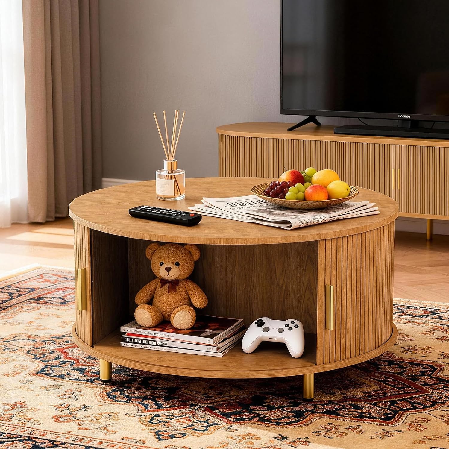 DHH Round Coffee Table, 31.5' Mid Century Modern Coffee Table with 360° Sliding Tambour Door, Fluted Accent Coffee Table with Storage,Adjustable Footpads for Living Room, Yellow Walnut