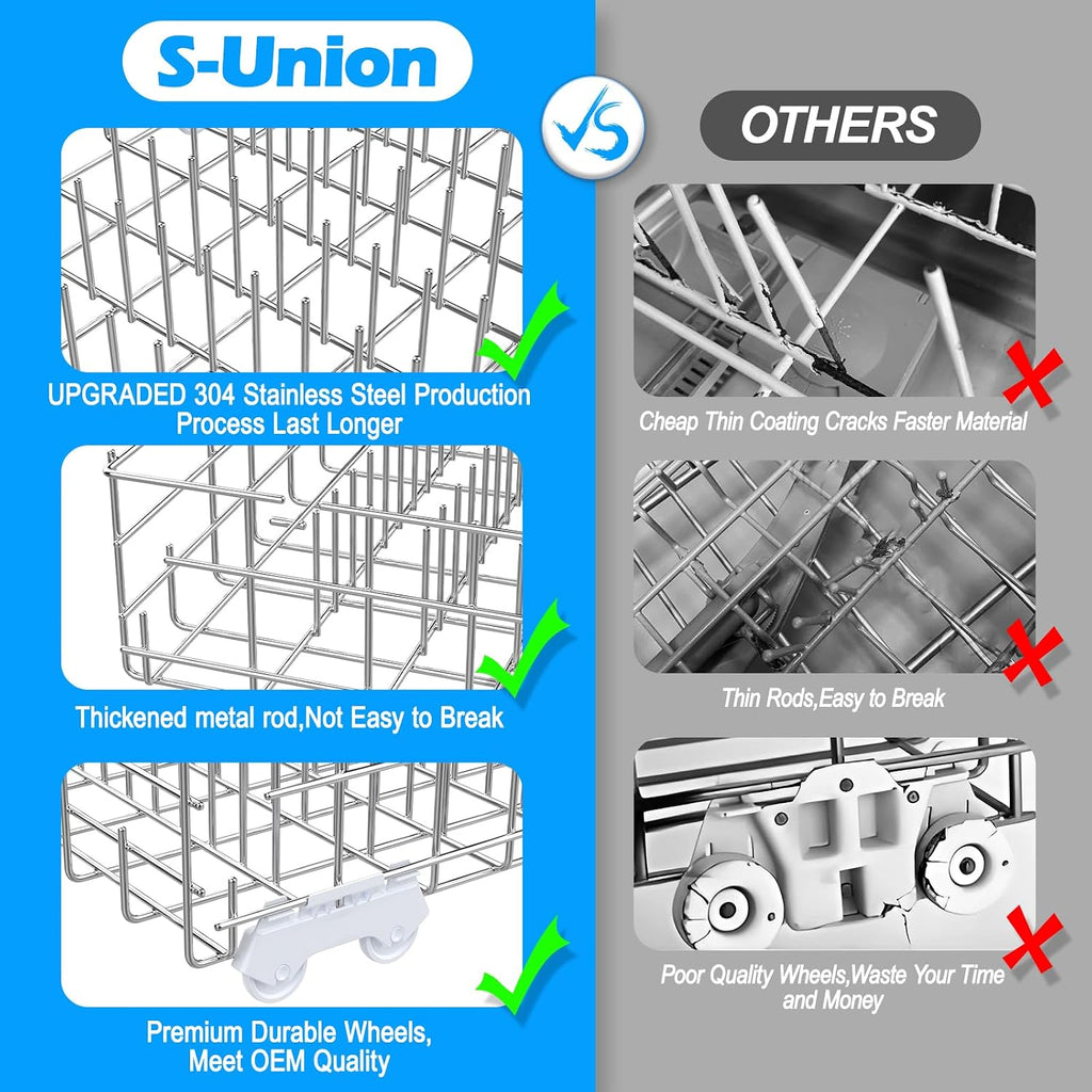 Upgraded W10311986 W10380384 Dishwasher Lower Rack 304 Stainless Steel Compatible with Whirlpool Dishwasher Racks Replacement Parts WDT750SAHZ0 WDTA50SAHZ0 Whirlpool Dishwasher Bottom Rack with Wheel