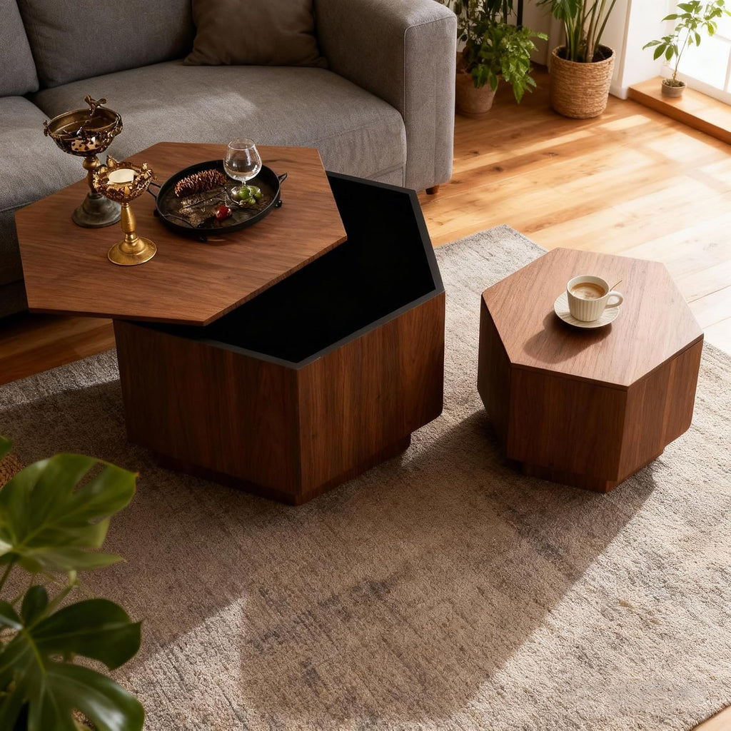 Hexagonal Nesting Coffee Tables Set of 2, Walnut Coffee Table with Storage, Mid Century Modern Center End Side Tables with Anti-Slip Feet for Living Room Farmhouse Apartment Office